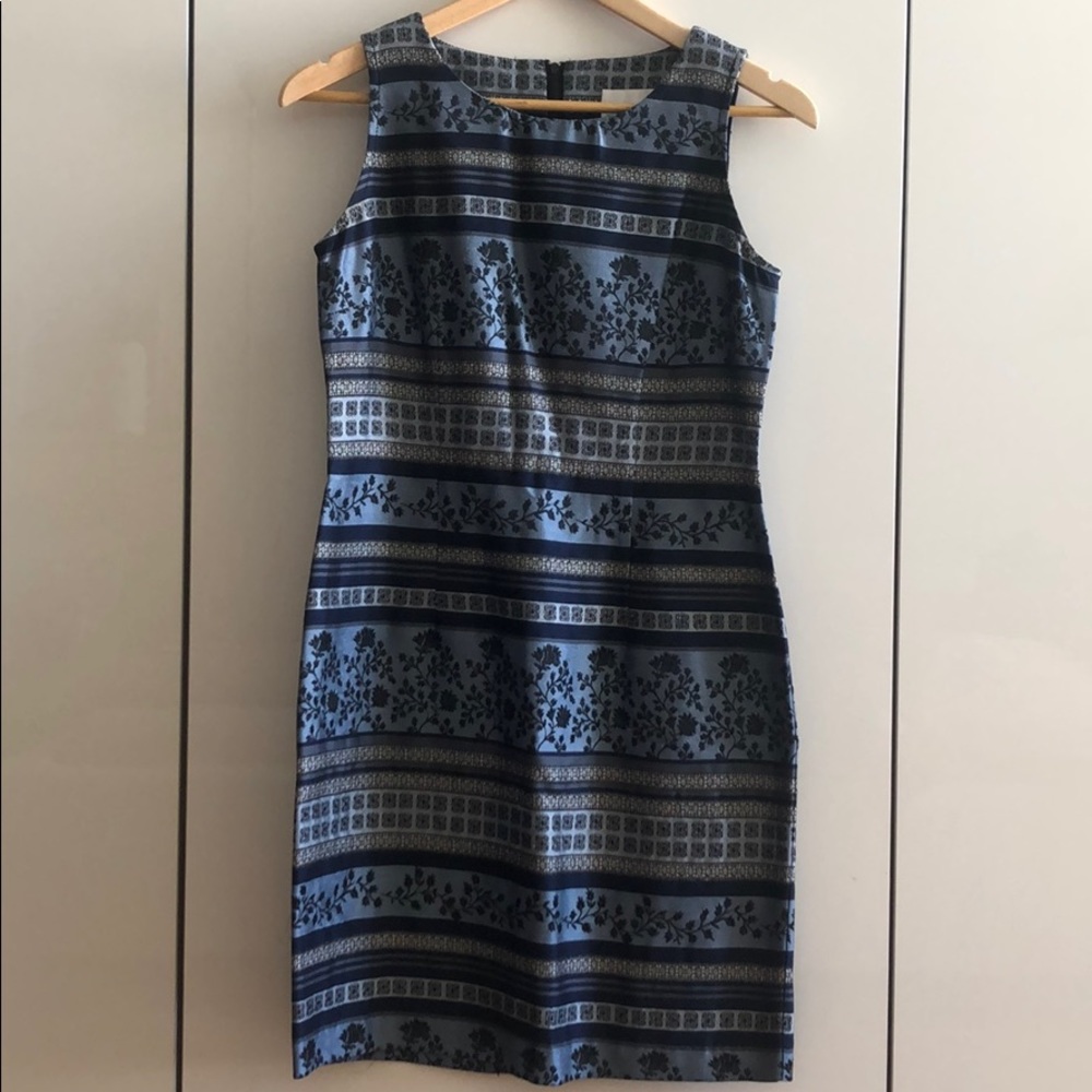 Blue Floral and Geometric Striped Shift Dress